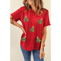 Red Sequined Christmas Tree Graphic Crewneck T Shirt - S thumbnail