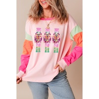 Pink Christmas Sequin Nutcracker Graphic Colorblock Long Sleeve Top - L thumbnail