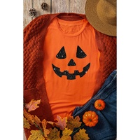 Orange Glittering Pumpkin Face Graphic Crewneck T Shirt - 3XL thumbnail