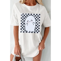 White Checkered Ghost Print Crew Neck Oversized T Shirt - M thumbnail