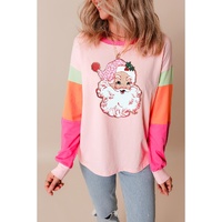 Pink Christmas Santa Claus Graphic Colorblock Patchwork Top - L thumbnail