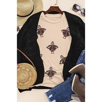 Khaki Sequined Turkey Patched Pattern Crewneck Thanksgiving T Shirt - 2XL thumbnail