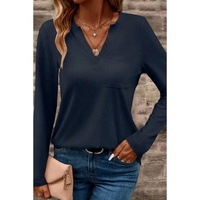 Dirty blue Notch V Neck Pocket Patched Long Sleeve T Shirt - L thumbnail