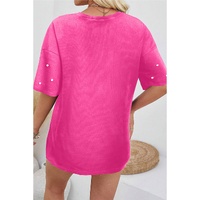 Bright Pink Pearl Beaded  Drop Shoulder Crewneck T Shirt - S thumbnail