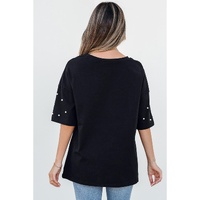Black Pearl Beaded  Drop Shoulder Crewneck T Shirt - S thumbnail