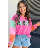 Azura Exchange Rose Red Chenille MERRY Christmas Patched Colorblock Long Sleeve Top - XL thumbnail