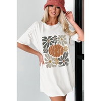 White Thanksgiving Pumpkin Print Loose Crewneck Tunic T Shirt - M thumbnail