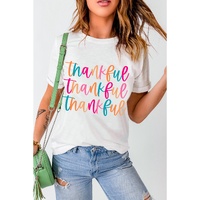 White Thankful Printed Crewneck Thanksgiving T Shirt - XL thumbnail
