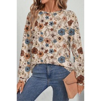 Khaki Floral Print Loose Crew Neck Long Sleeve T Shirt - L thumbnail
