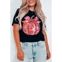 Black Bow Pumpkin Graphic Crewneck Thanksgiving T Shirt - XL thumbnail