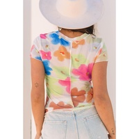 Multicolour Floral Mesh Lettuce Trim Cropped T Shirt - M thumbnail