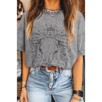 Light Grey Western Steer Head Tie Dye Print Crew Neck T Shirt - L thumbnail