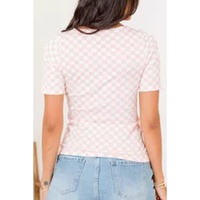 Pink Checkered Ribbed Slim Fit Crew Neck T Shirt - S thumbnail