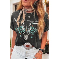 Carbon Grey Vintage Western Bull Head Skull Turquoise Aztec Graphic T Shirt - L thumbnail