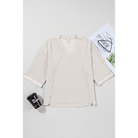 White Solid Color Corded Drop Shoulder 3/4 Sleeve V Neck Top - XL thumbnail