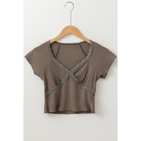 Dark Brown Lace Splicing Criss Cross Slim Fit V Neck T Shirt - M thumbnail