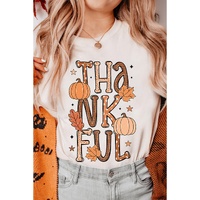 White THANKFUL Pumpkin Leaves Graphic Crewneck Thanksgiving T Shirt - XL thumbnail
