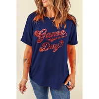 Blue Glittering Game Day Graphic Cuffed Sleeve Crew Neck T Shirt - L thumbnail