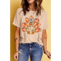 Khaki Thanksgiving Bowknot Turkey Graphic Crewneck Tee - L thumbnail