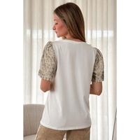 White Leopard Patchwork Crochet Lace Trim Puff Sleeve T Shirt - S thumbnail