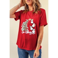 Red Christmas Tree Snowman Printed Crewneck T Shirt - M thumbnail