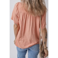 Fushia Smocked Front V Neck Pleated Babydoll Short Sleeve Top - L thumbnail