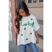 White St Patrick Lucky Clover Sequin Graphic T Shirt - S thumbnail