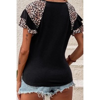 Black Leopard Print Patchwork Ruffled Sleeve V Neck T Shirt - M thumbnail