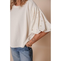 White Pearled Puff Sleeve Round Neck Loose Top - L thumbnail