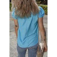 Light Blue Bubble Sleeve Solid Color Elegant T-Shirt - S thumbnail