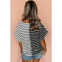 Black Stripe Two Tone Colorblock V Neck T Shirt - L thumbnail