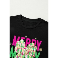 Black Merry Christmas Brushwork Bow Printed T Shirt - S thumbnail