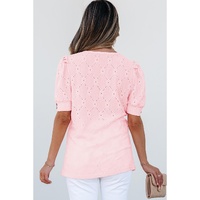 Pink Flower Geometric Textured Button Short Sleeve Top - S thumbnail