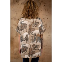 Khaki Western Cowboy Print Cuffed Sleeve Crewneck T Shirt - L thumbnail