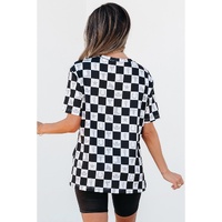 Black Western Fashion Checkerboard Print Side Split T Shirt - L thumbnail