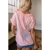Light Pink Lace Patchwork Exposed Seam V Neck T Shirt - L thumbnail