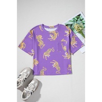 Purple Allover Tiger Printed Patch Pocket Loose T Shirt - XL thumbnail