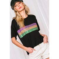 Black Sequin Stripes Patchwork Mardi Gras Crew Neck T Shirt - L thumbnail