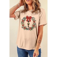 Khaki Nutcracker Bow Christmas Wreath Crewneck Printed T Shirt - XL thumbnail
