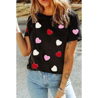 Black Valentines Chenille Heart Patched Pattern Crewneck Tee - S thumbnail