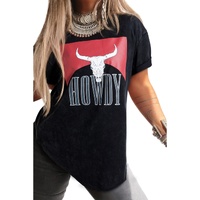 Black Western HOWDY Steer Head Print Side Slits Loose Fit T Shirt - L thumbnail