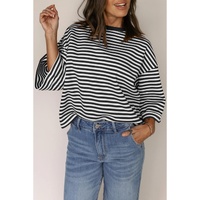 Black Stripe Bowknot Cutout Back Drop Shoulder Wide Bracelet Sleeve Loose Tee - L thumbnail