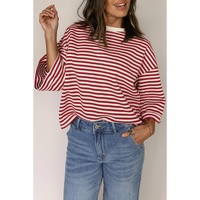 Red Stripe Bowknot Cutout Back Drop Shoulder Wide Bracelet Sleeve Loose Tee - XL thumbnail