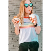 White Rainbow Stripe Print Contrast Crewneck T Shirt - S thumbnail