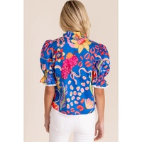 Blue Abstract Print Frilled Collar Ruffled Puff Short Sleeve Top - L thumbnail