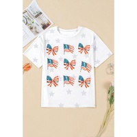 Khaki Patriotic Flag Bow Graphic Starry Round Neck T Shirt - L thumbnail