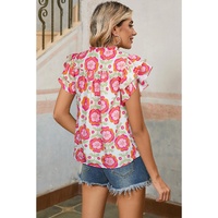 Rose Floral Ruffled Sleeve Ric-rac Trim Split Neck Loose Blouse - L thumbnail