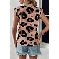 Khaki Leopard Crew Neck Cap Sleeve Casual Tee - L thumbnail
