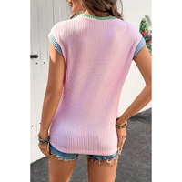 Pink Color Block Corded Knit Crew Neck Tee - L thumbnail