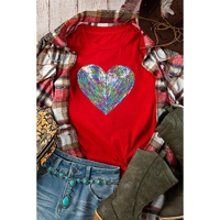 Red Rainbow Sequin Heart Shape Crew Neck T Shirt - 2XL thumbnail